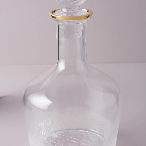 New Anthropologie Greer Crackle Glass Decanter with Round Stopper and Gold Rim - Picture 1 of 14
